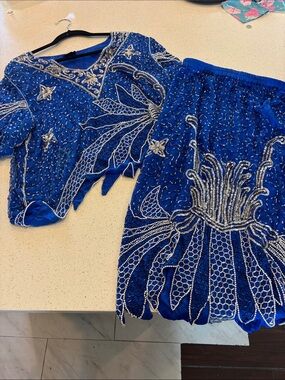 Vintage 1980s Beaded Royal Blue Midi Dress with Silver Embellishment & skirt